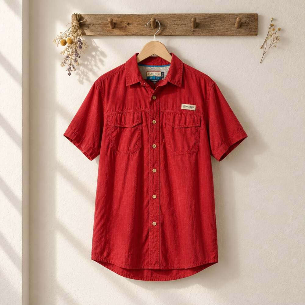 Magellan Outdoors Fish Gear Short Sleeve Button Up Shirt Size M Red Angler Fit